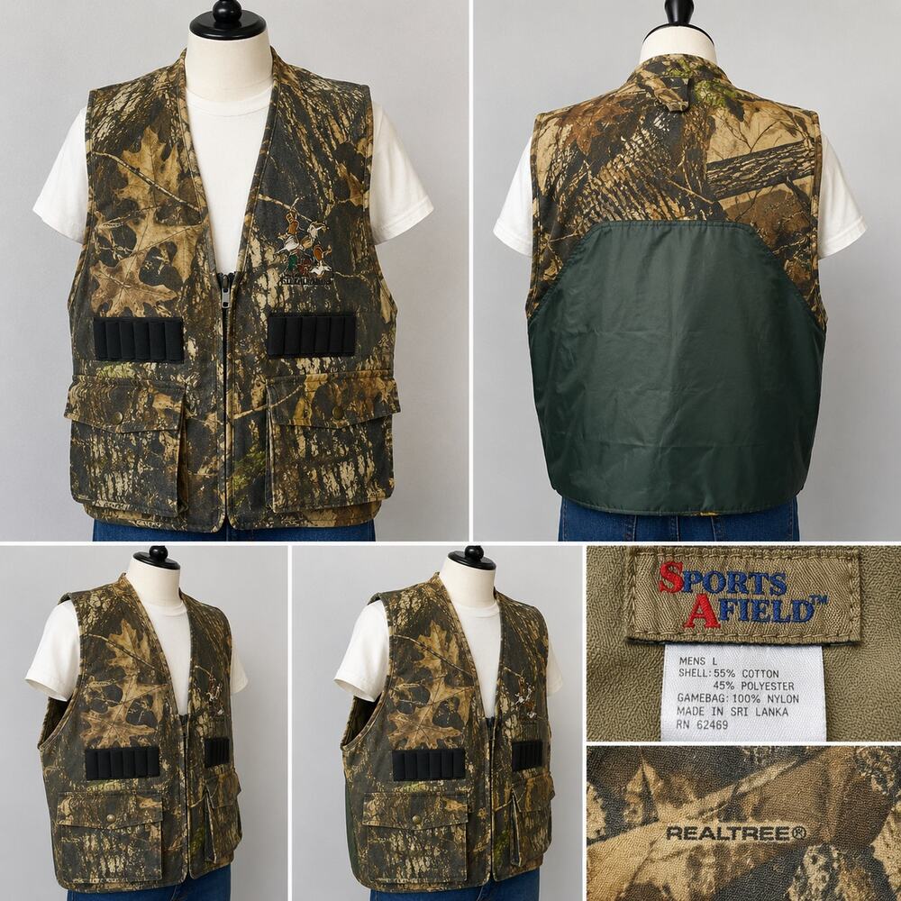 Sports Afield Hunting Vest Mens L Realtree Camo Game Bag Shooting Shell Loops